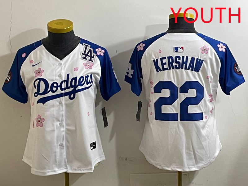 Youth Los Angeles Dodgers 22 Kershaw White Blue Sakura Edition 2025 Nike MLB Jersey style 8